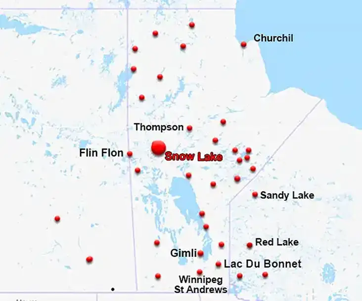 Map showing the location of Snow Lake in Manitoba